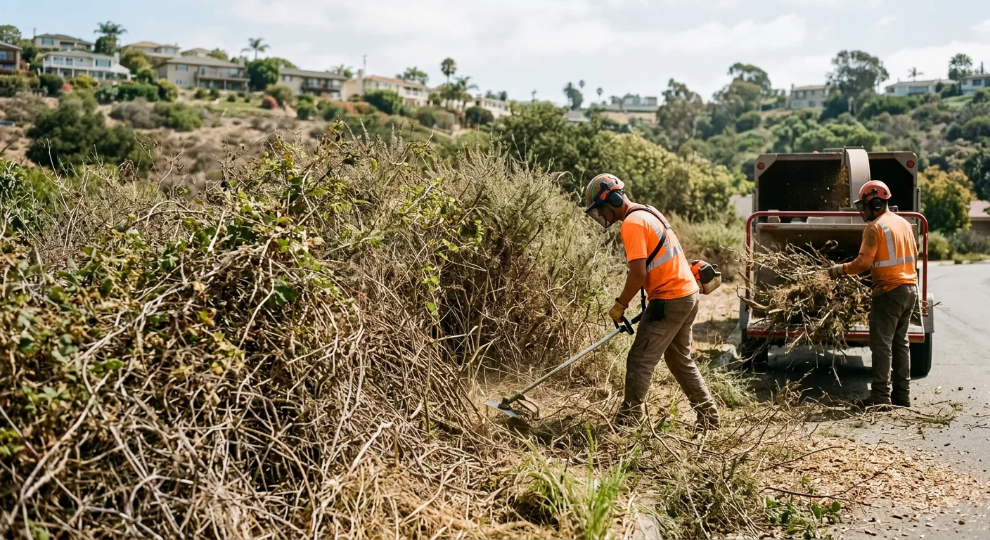 Dense thicket of overgrown brush before clearing along a Torrance hillside lot