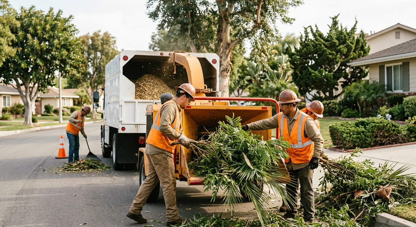 Crew feeding cut branches into a wood chipper during brush removal