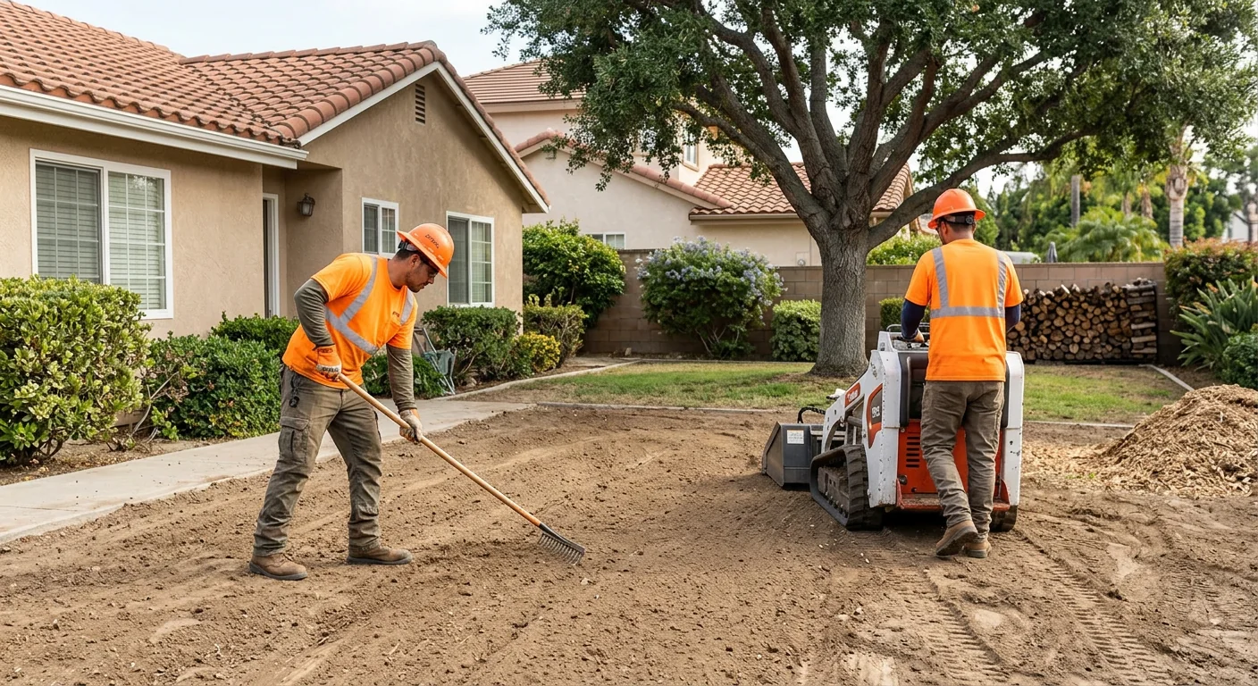 Cleared residential side yard with graded ground after brush removal