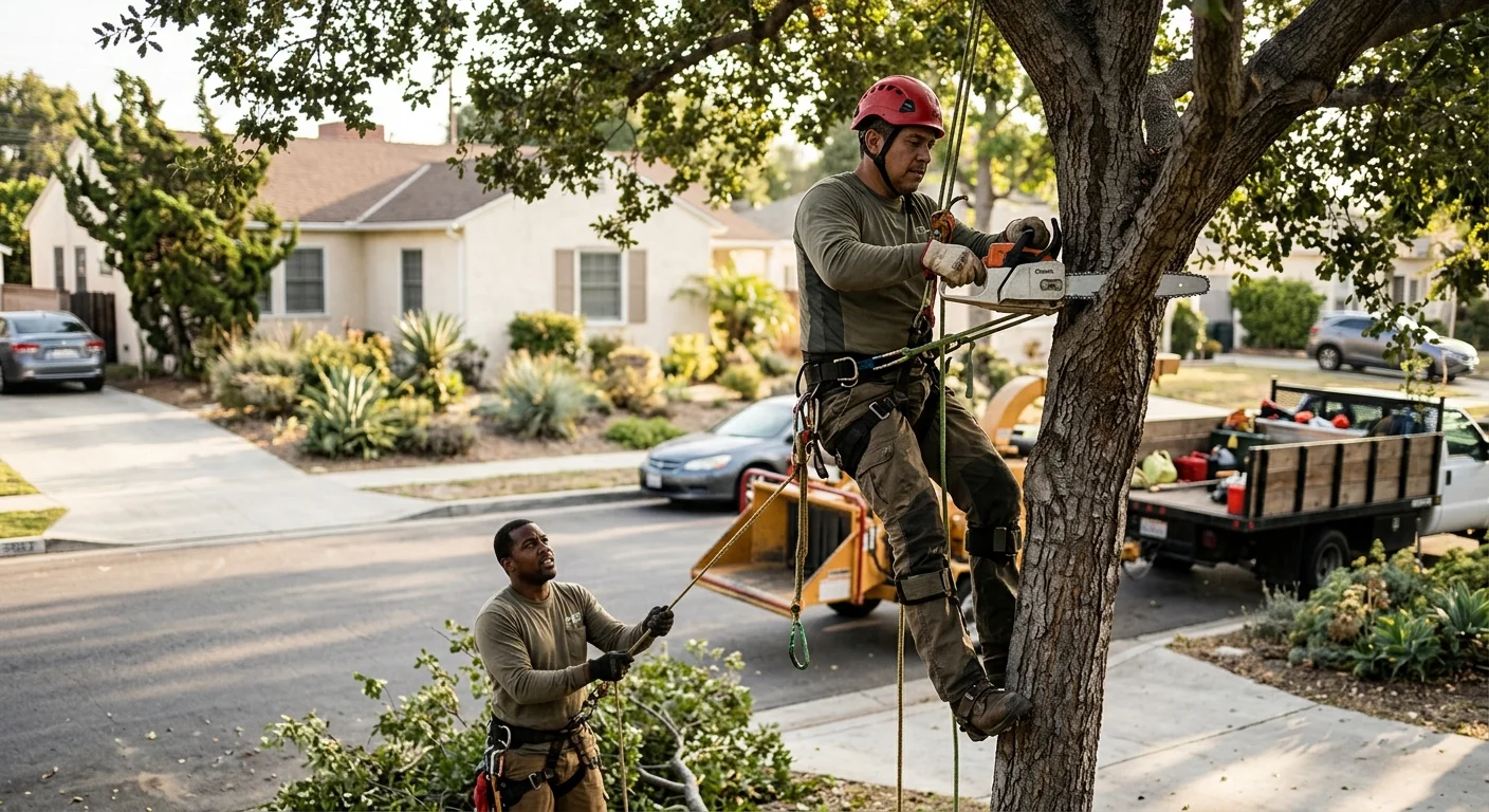 Crew clearing dense brush and undergrowth along a Torrance residential property line