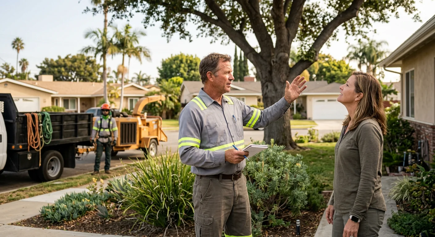 Arborist reviewing a crane rigging plan and written estimate at a Torrance job site
