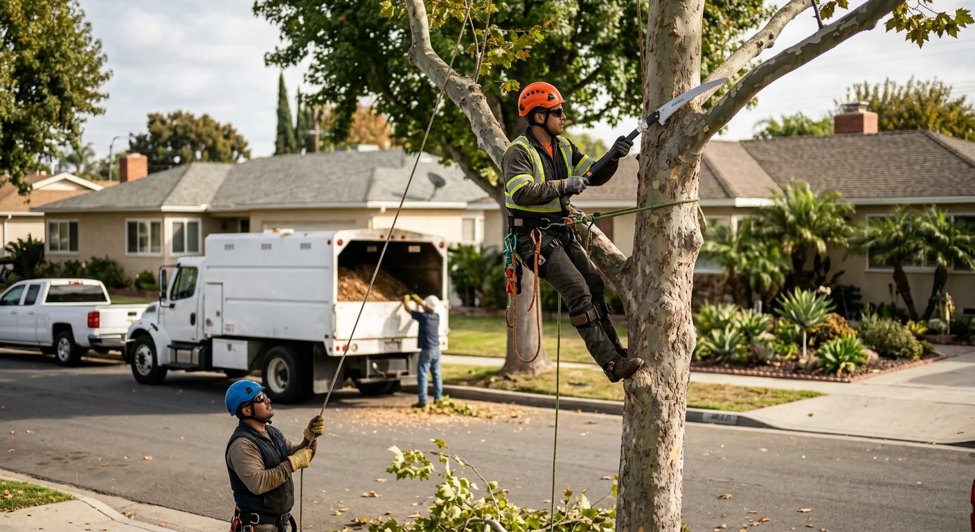 Crane lifting a large tree section above a Torrance residential yard