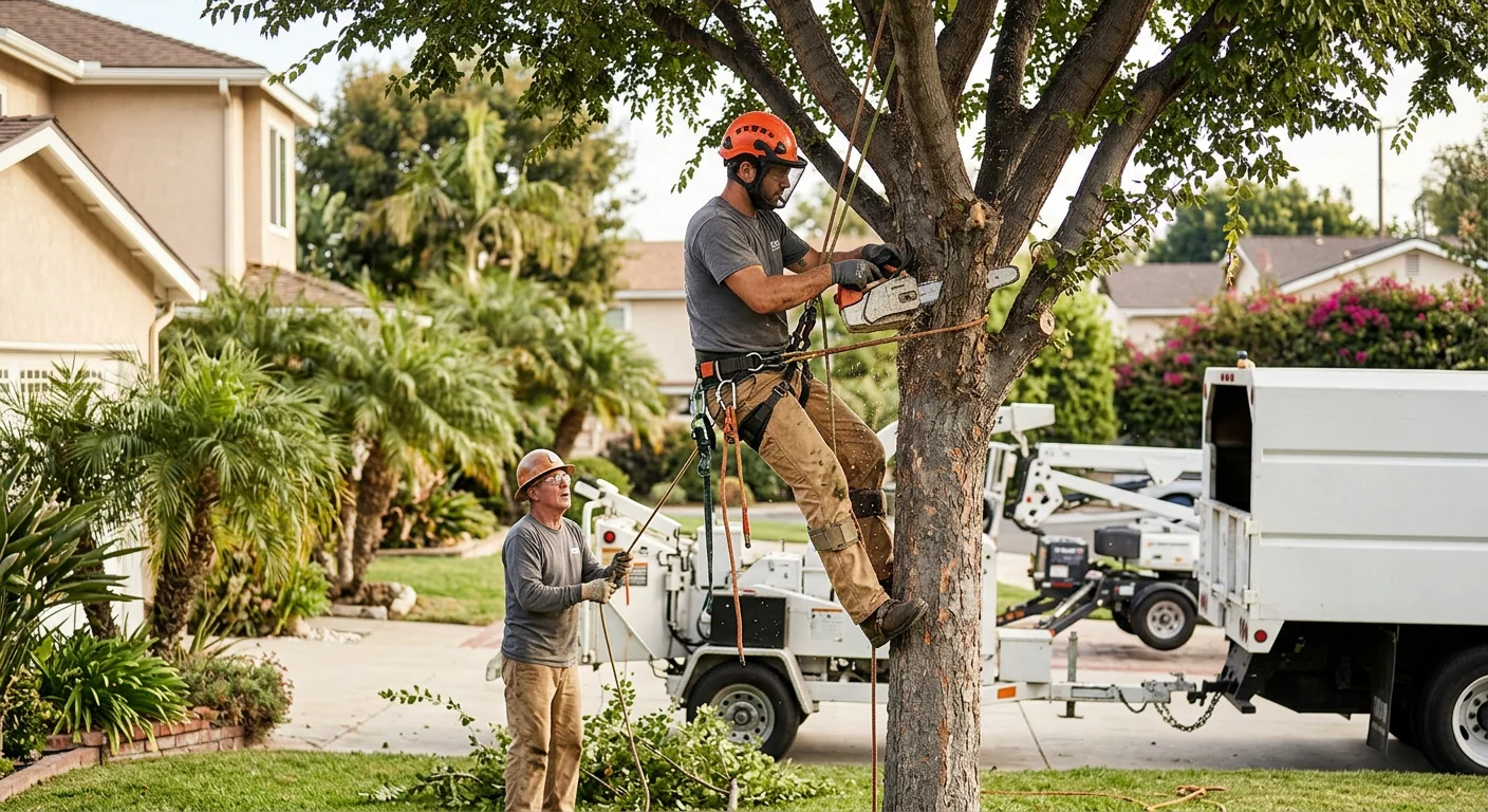 Large leaning tree crowded by rooflines awaiting crane removal in Torrance