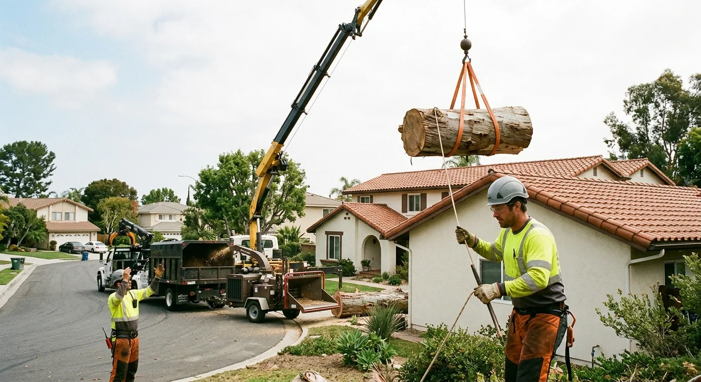 Crane hoisting a large trunk section over a Torrance rooftop during removal