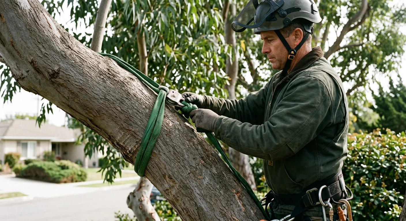 Close-up of rigging slings secured to a mature eucalyptus limb