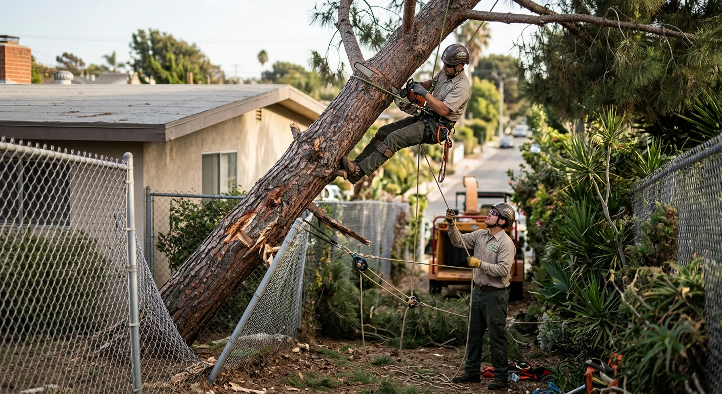 Leaning storm-damaged pine crowded by fences before crane sectioning