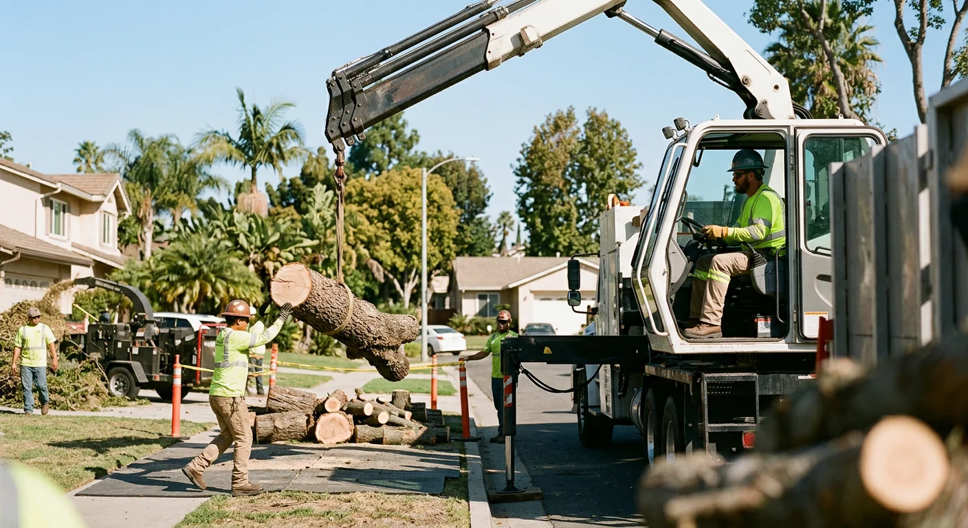 Crane operator lowering a cut limb into a staged drop zone