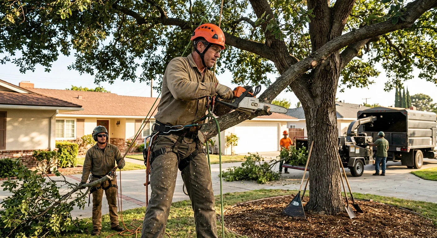 Arborist removing a storm-damaged tree near a Torrance home