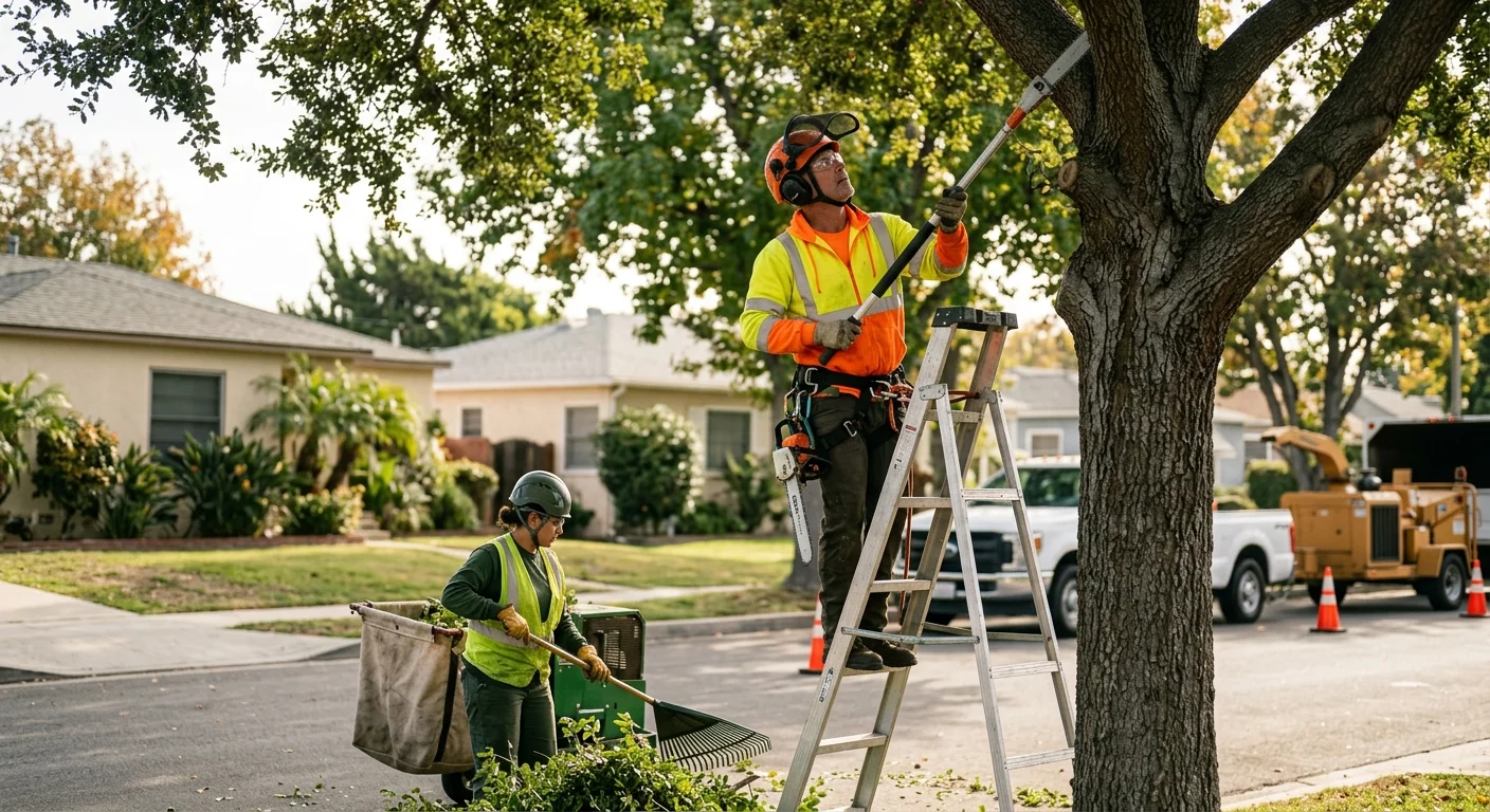 Storm-damaged tree leaning against a Torrance home after high winds