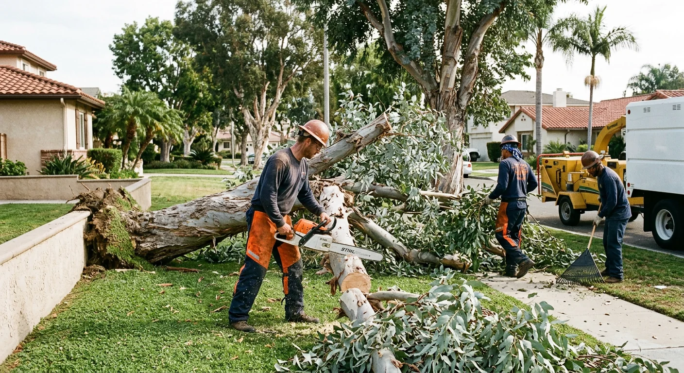 Uprooted eucalyptus being cleared from a residential yard in Torrance