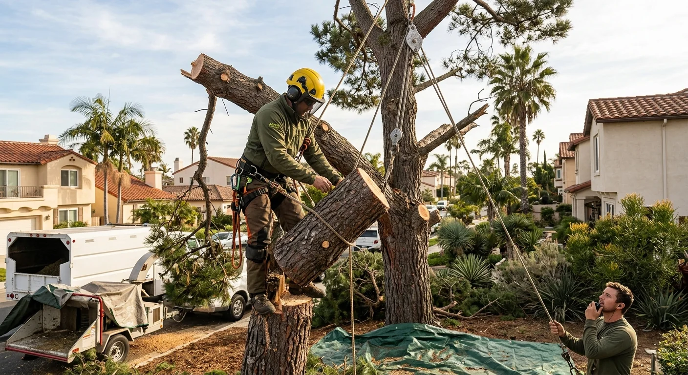 Arborist using lowering ropes to dismantle a storm-damaged pine