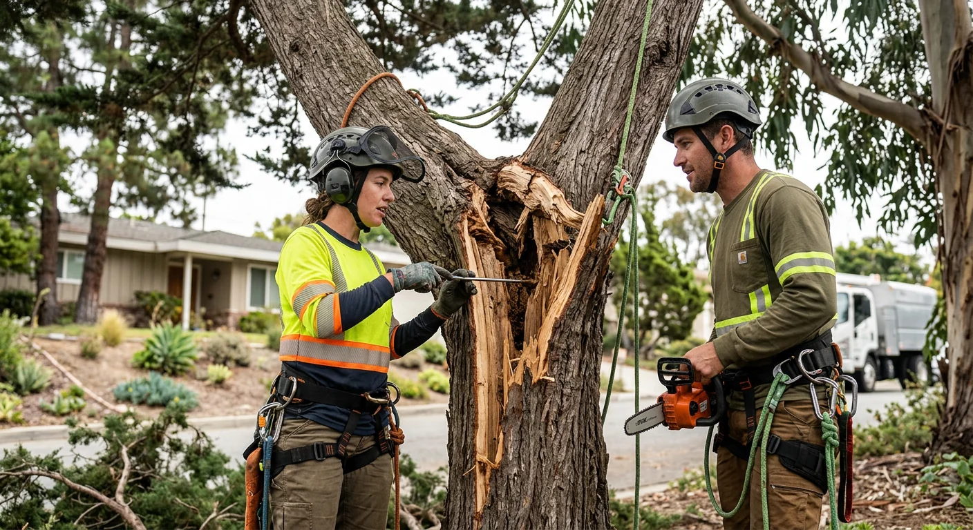Close-up of split trunk union on a wind-damaged coastal tree