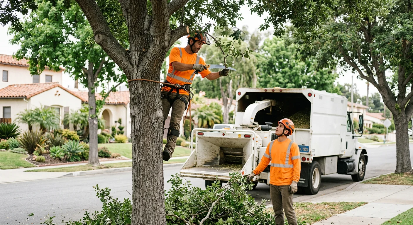 Arborist performing emergency tree removal with rigging on a Torrance residential property