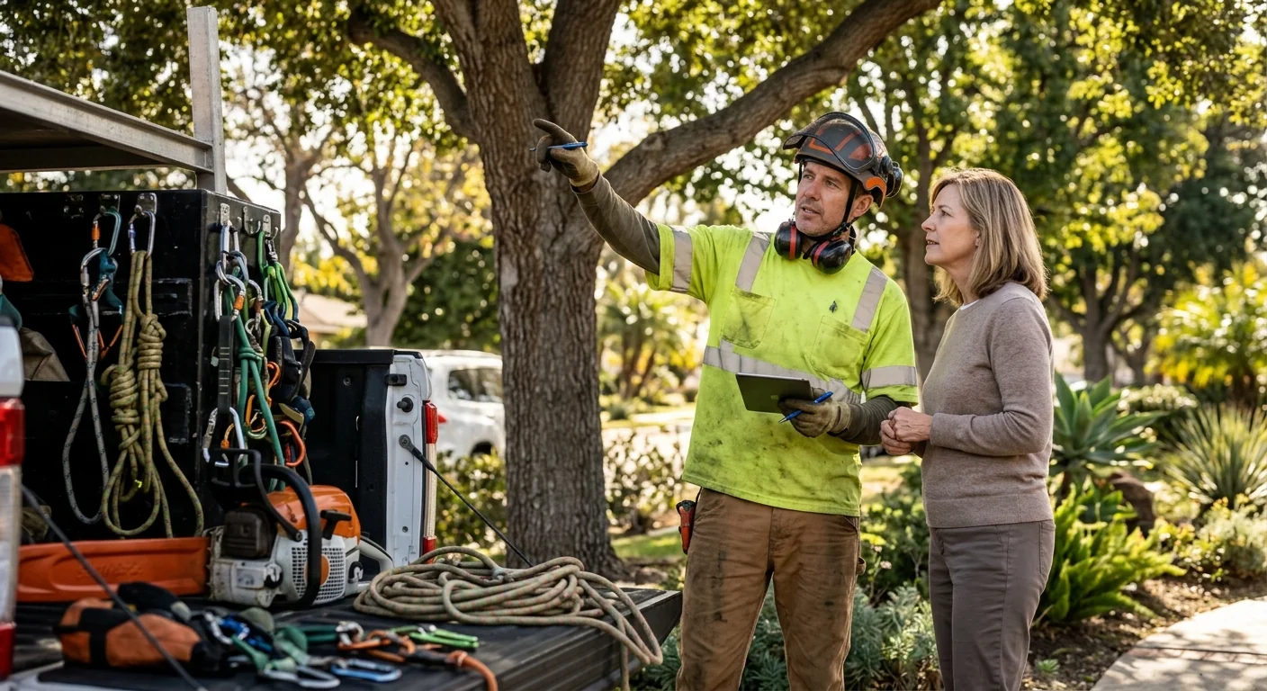 Arborist measuring a leaning hazardous tree during a cost assessment on a Torrance property