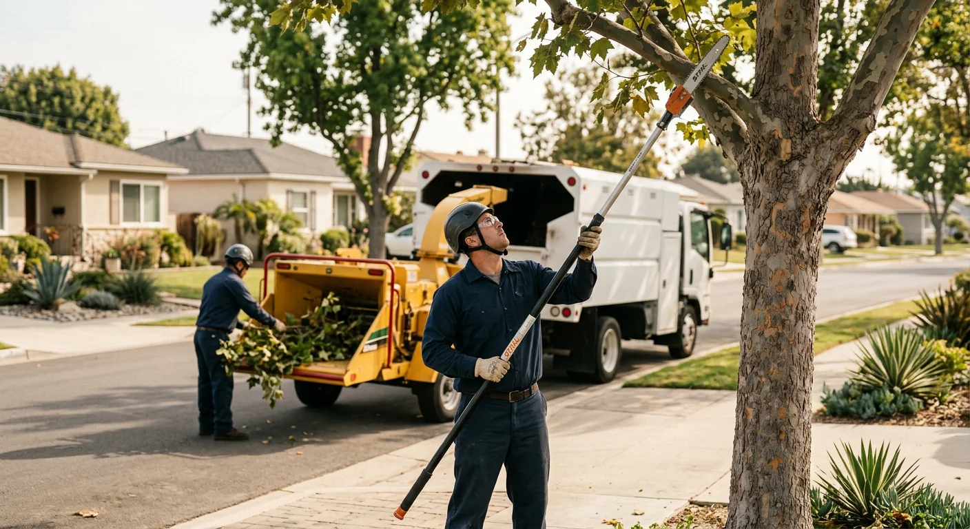 Arborist rigging a hazardous tree for controlled removal near a Torrance home