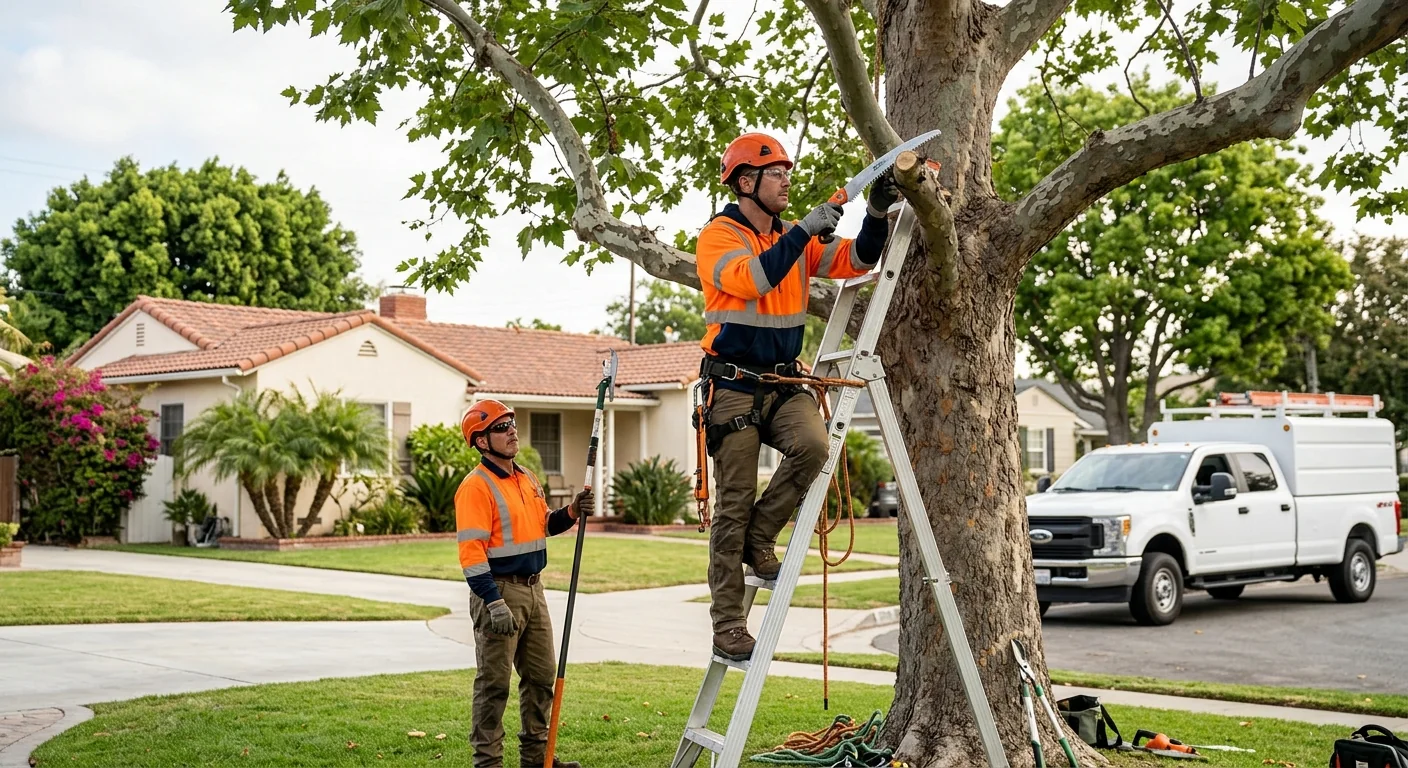 Arborist inspecting a leaning storm-damaged tree in a Torrance backyard