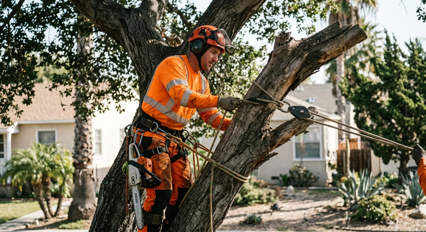 Arborist rigging a large declining oak for controlled sectional dismantling in Torrance