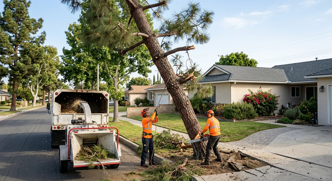 Wide view of a leaning storm-damaged pine before removal near a residential home