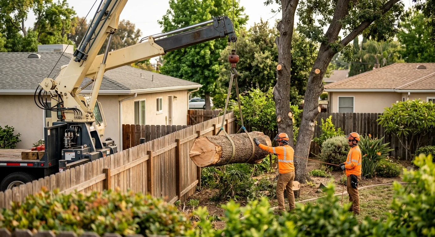 Crane lowering a heavy hardwood section over a fenced Torrance backyard