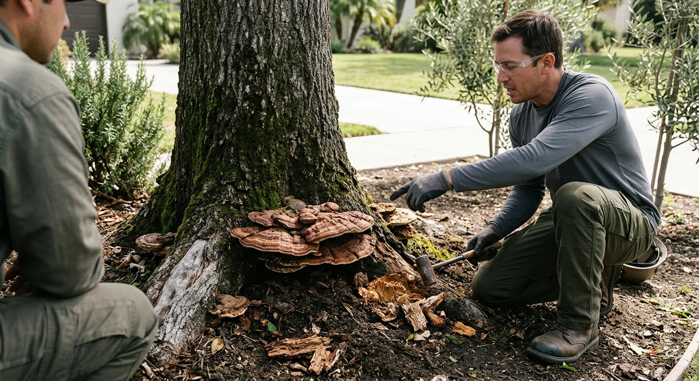 Close-up of fungal conks and advancing decay at a hazardous tree base