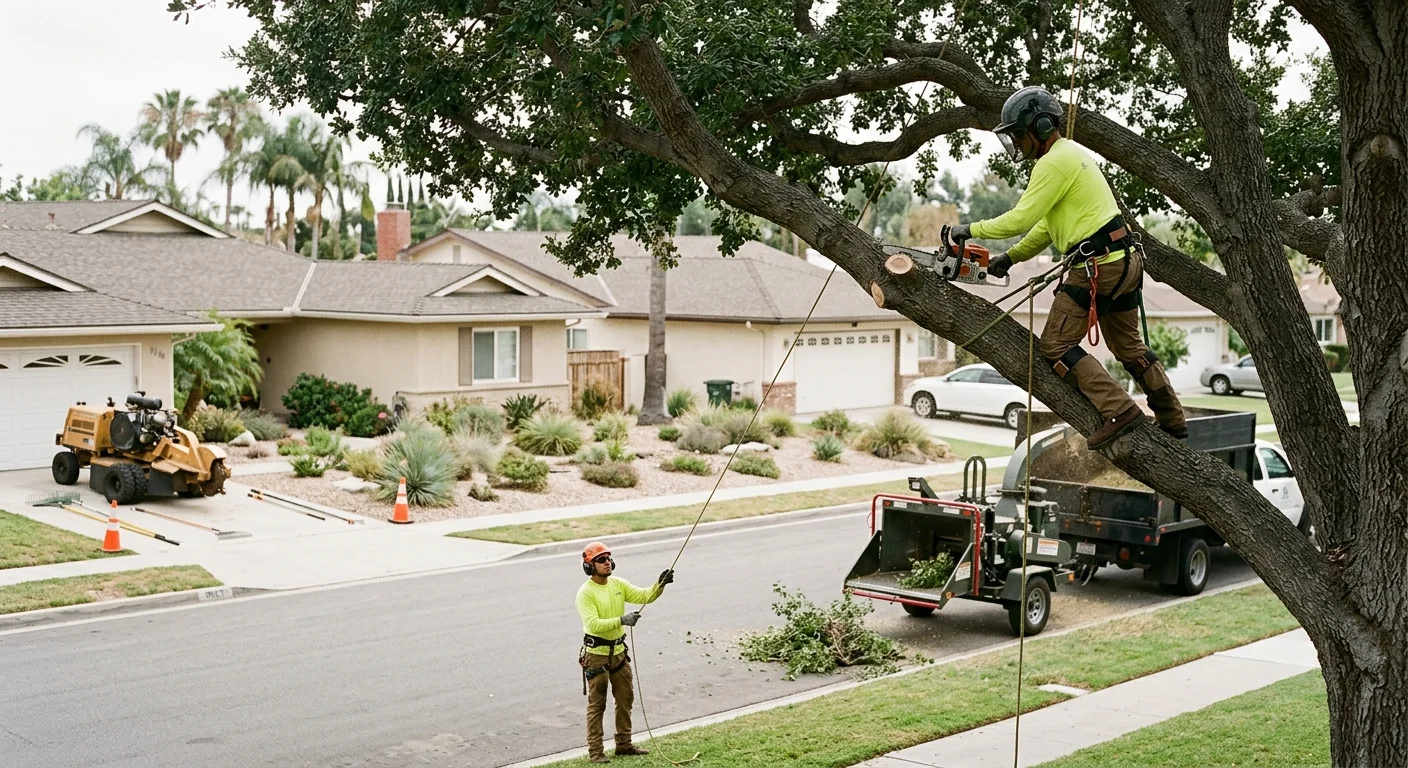 Arborist performing careful sectional hazardous tree removal on a Torrance residential property
