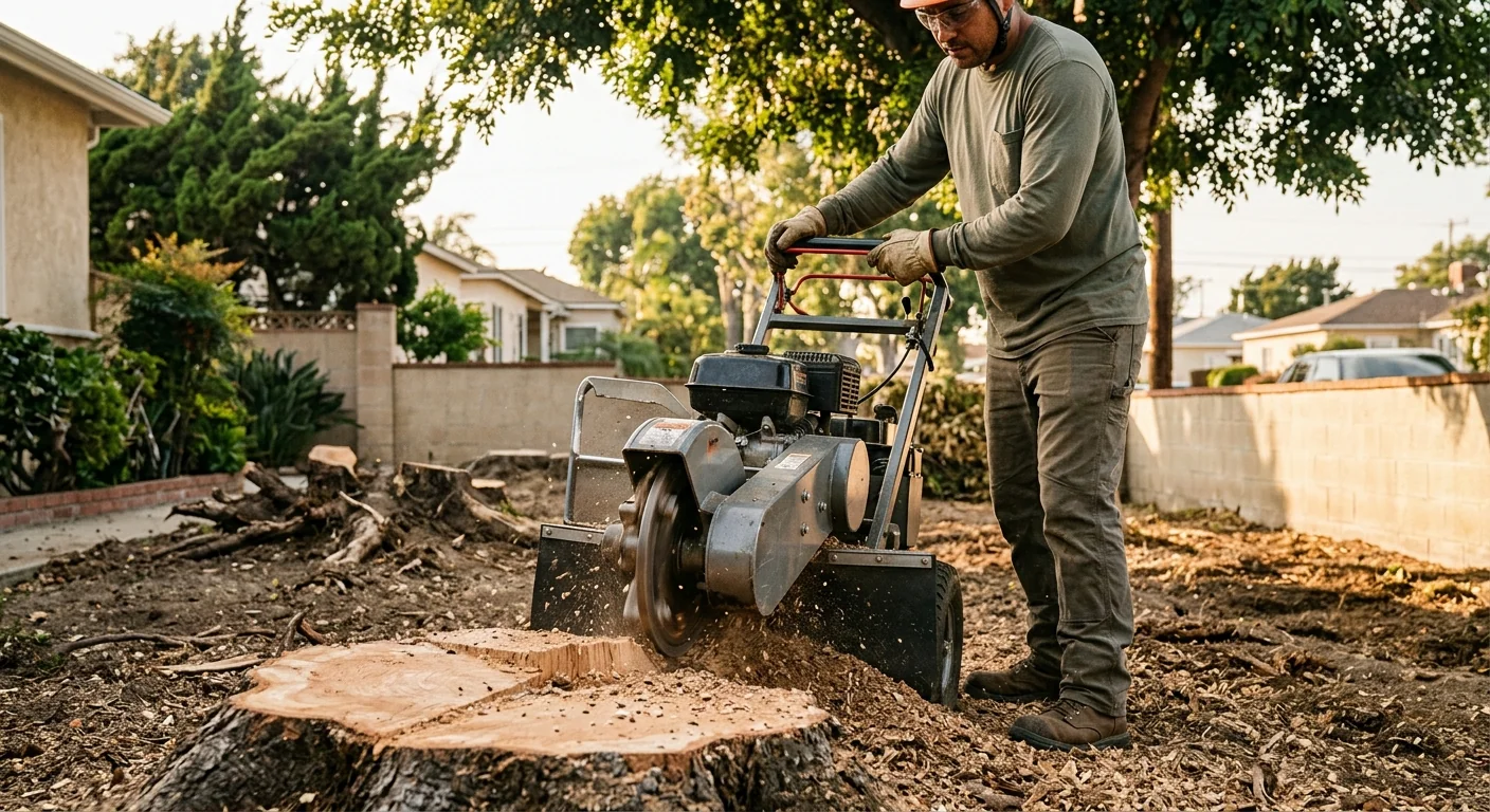 Close-up of stump grinding on a recently cleared Torrance parcel