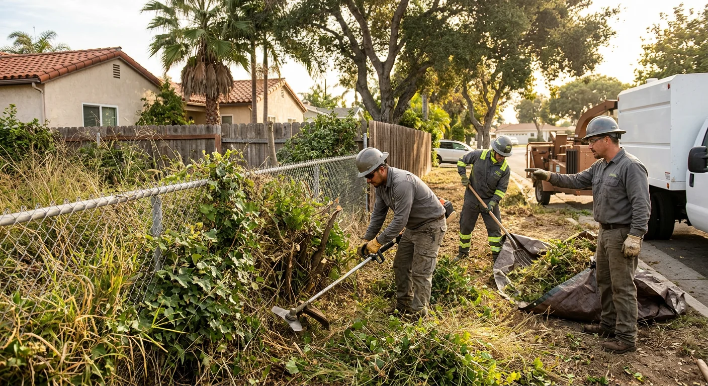 Overgrown brush and scrub before clearing along a Torrance fence line