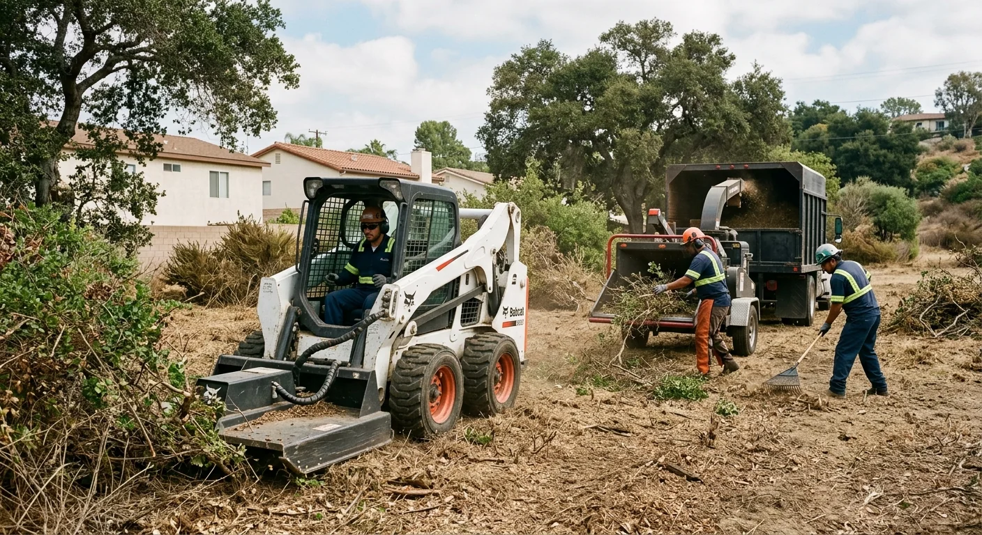 Crew performing controlled brush removal with mechanical equipment on a lot