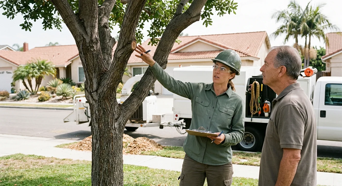 Arborist reviewing storm cleanup estimate beside a damaged tree on a Torrance property