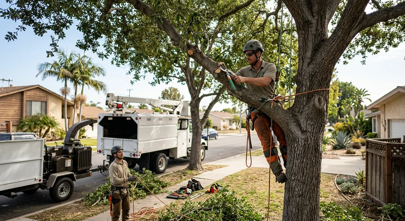 Crew clearing fallen storm-damaged tree limbs from a Torrance residential yard