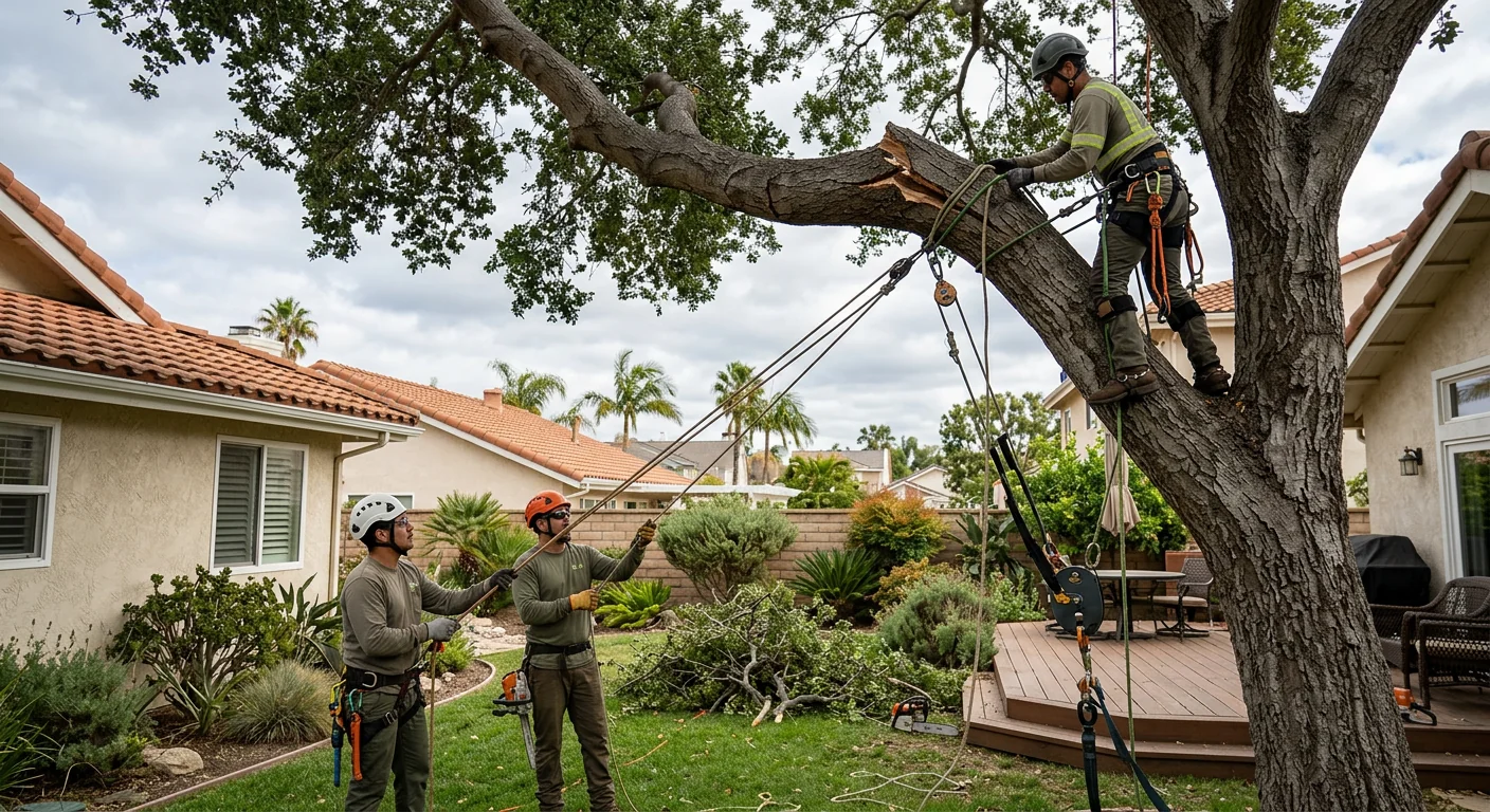 Crew rigging a fractured tree limb above a Torrance backyard after a windstorm