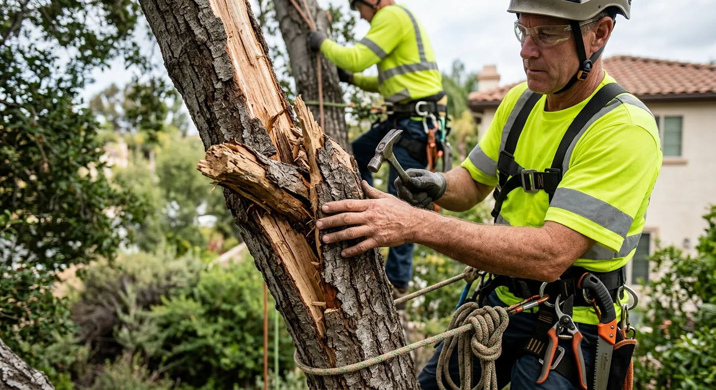 Close-up of a split leader and cracked branch union on a storm-damaged oak