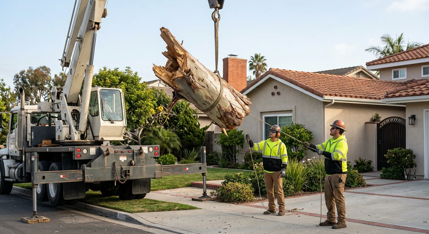 Crane lifting a heavy broken trunk section from a residential lot in Torrance