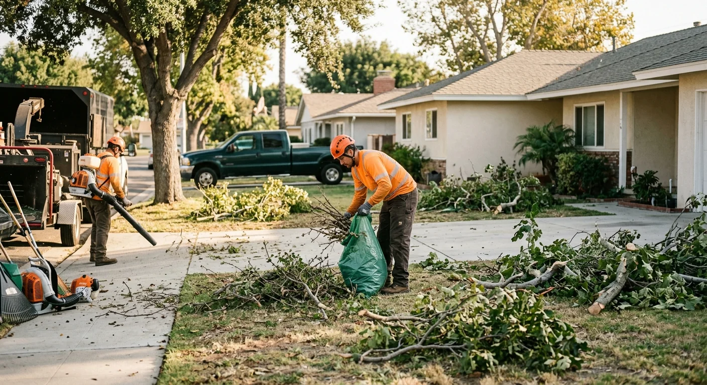 Wide view of scattered branch debris across a suburban yard before cleanup
