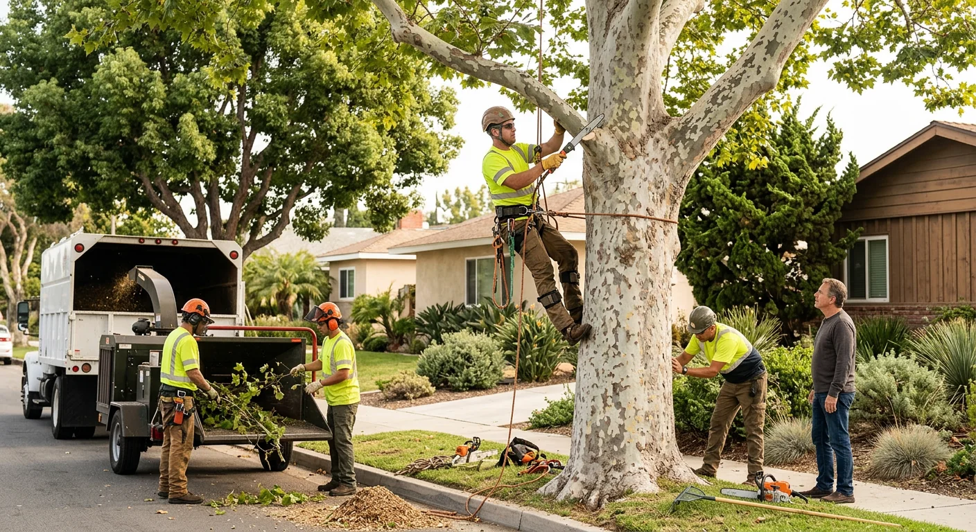 Arborist clearing storm-damaged tree limbs from a residential yard in Torrance