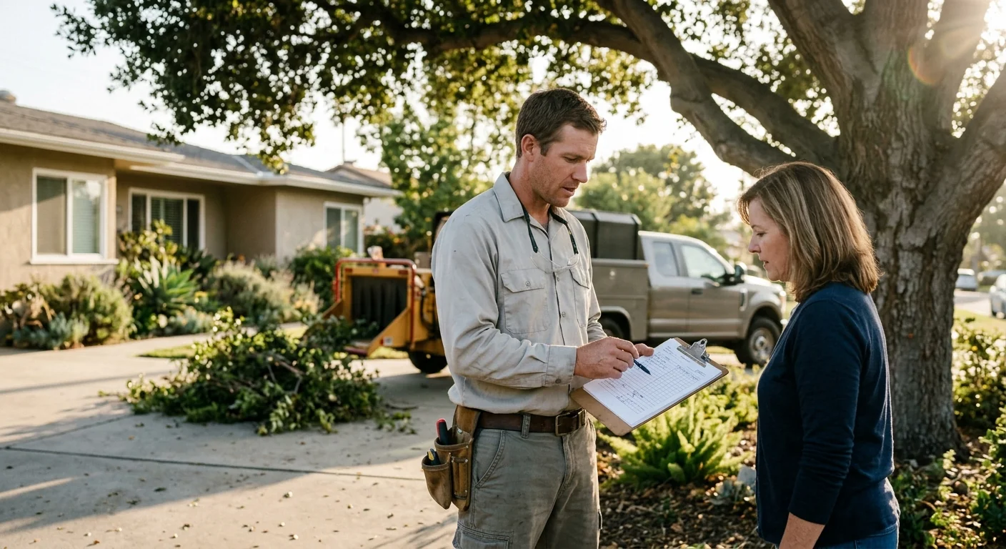 Arborist reviewing a written stump grinding estimate beside a residential Torrance property