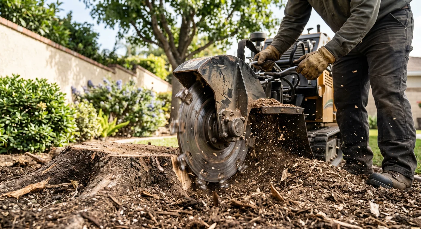 Close-up of a stump grinder wheel cutting into wood below the root collar