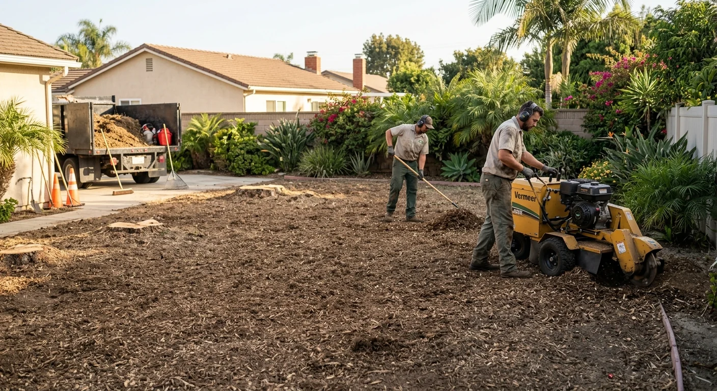 Wide shot of a cleared Torrance backyard after multiple stumps were ground level