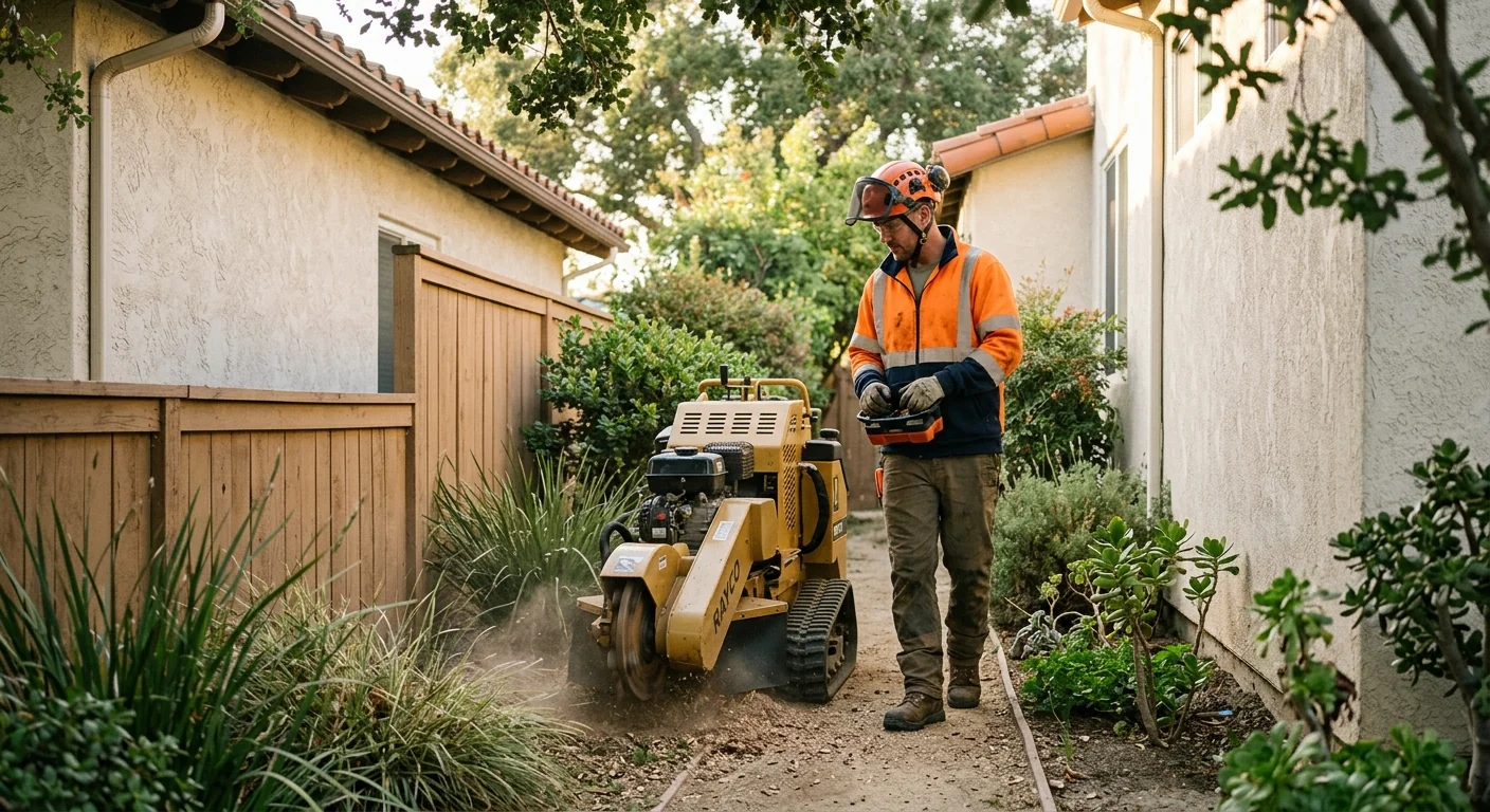 Track-mounted grinder navigating a narrow residential side yard access path