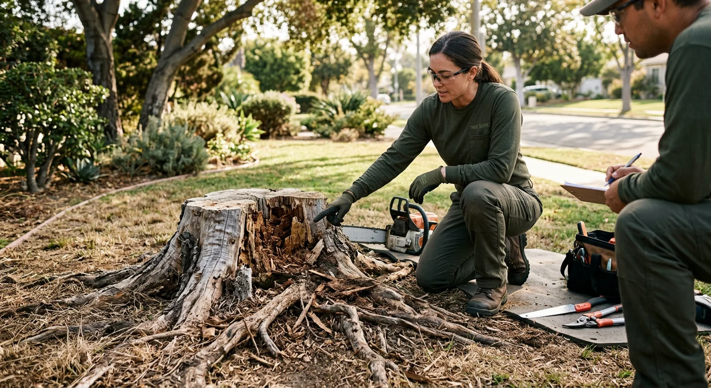 Before-context view of a decayed stump surrounded by surface lateral roots