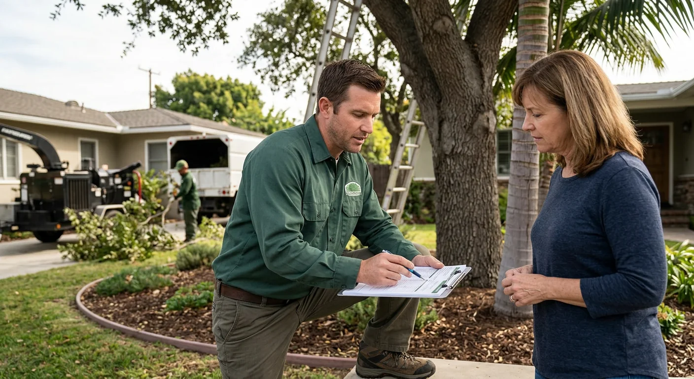 Arborist reviewing a mature tree structure while preparing a written cabling estimate in Torrance