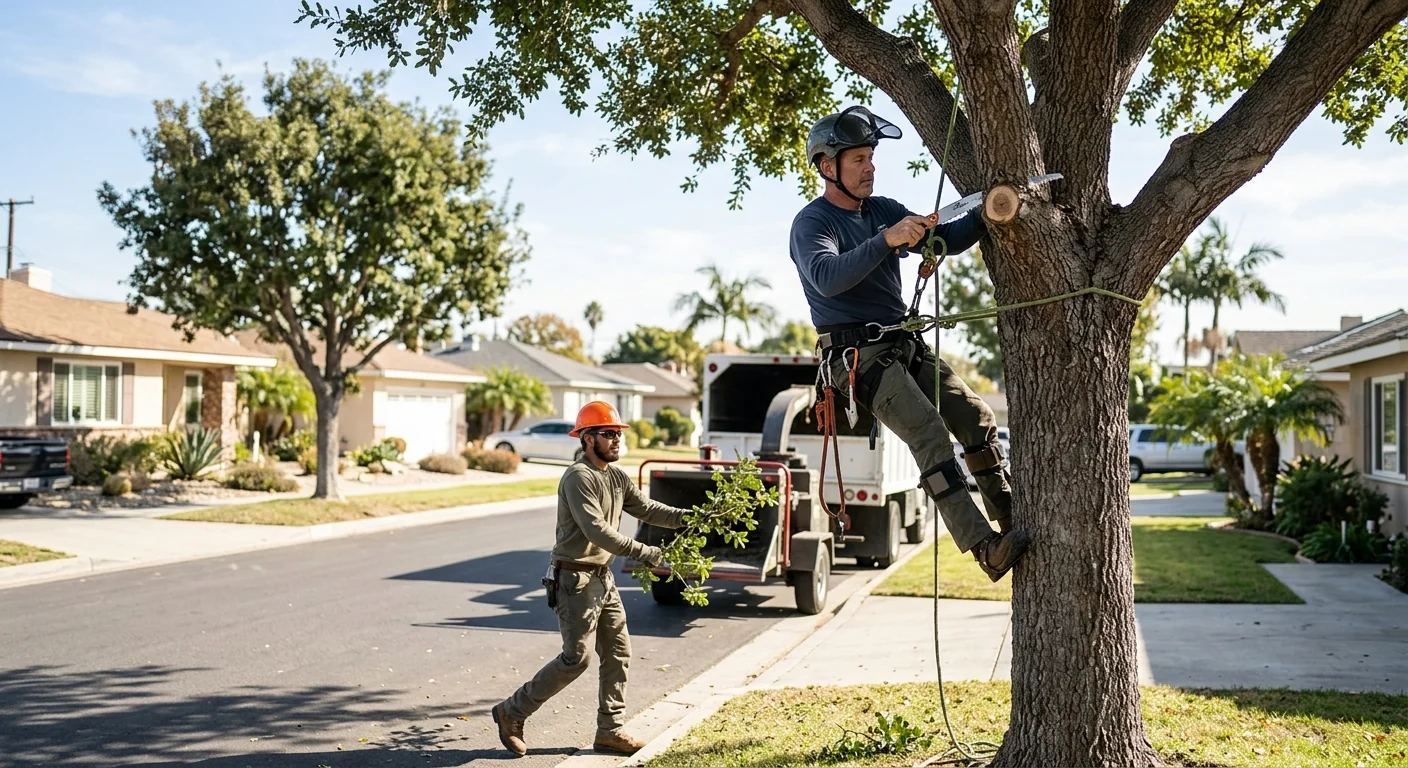 Arborist installing support cable high in a mature tree canopy