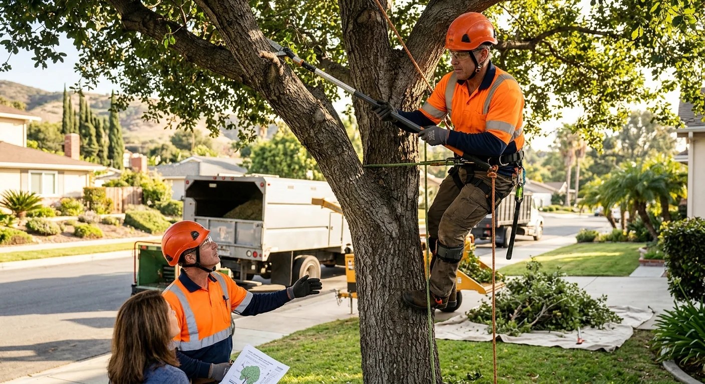 Arborist installing steel support cable between codominant limbs on a mature Torrance oak