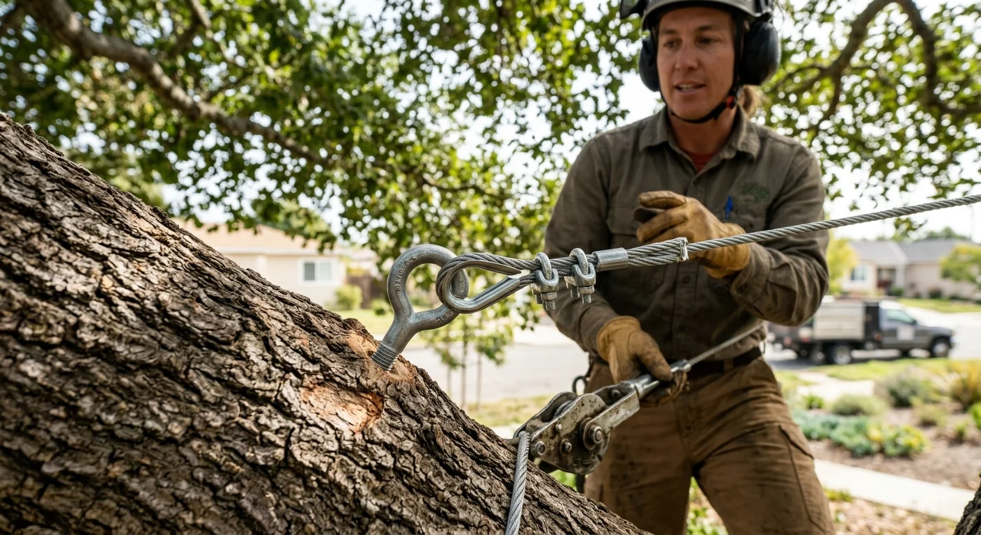 Close-up of steel cable anchor bolted through a mature oak limb in Torrance