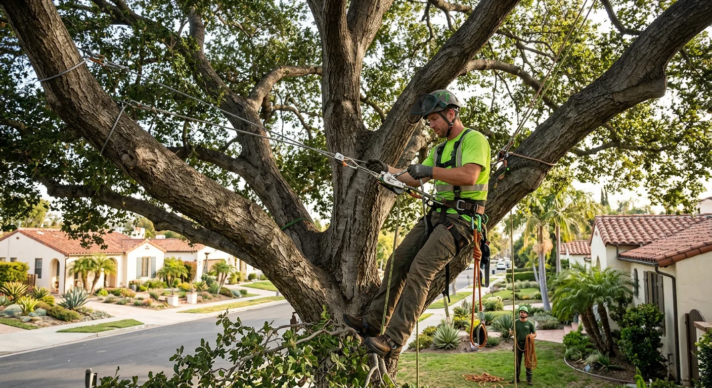 Wide shot of arborist tensioning support cabling high in a residential tree canopy