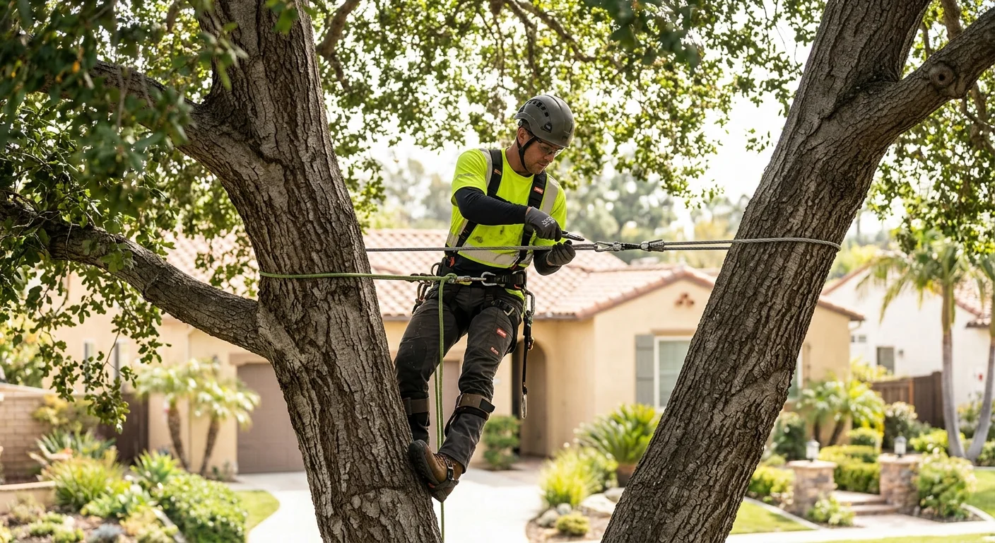 Climber positioning a dynamic cabling system between two codominant stems