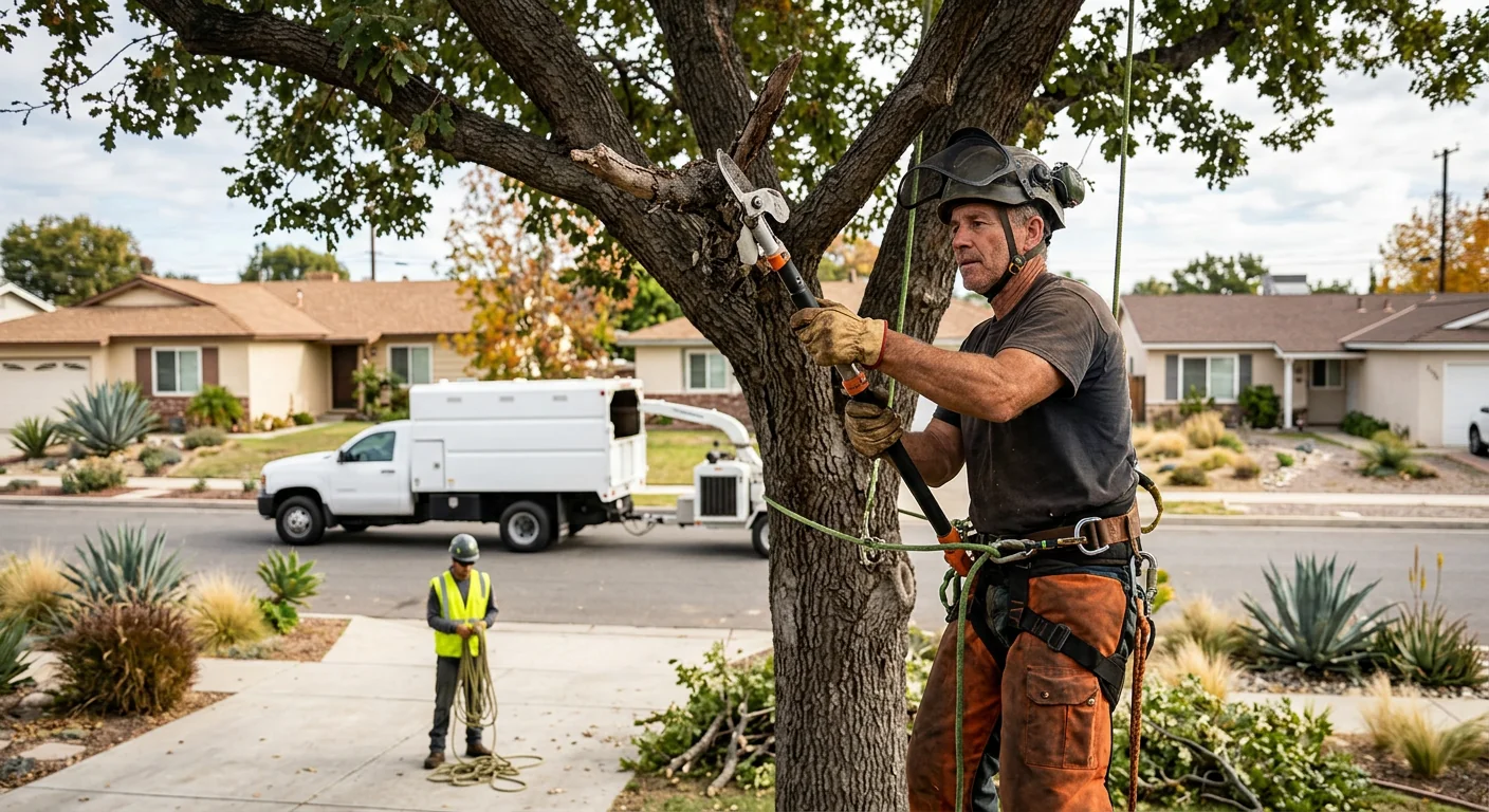 Arborist installing support cable high in a mature backyard tree in Torrance