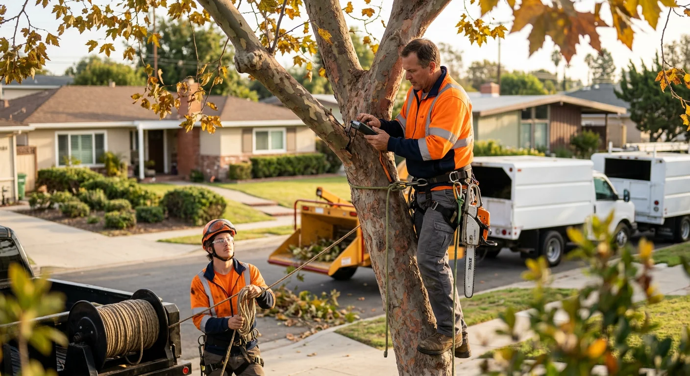 Arborist inspecting a mature tree canopy at a Torrance residential property
