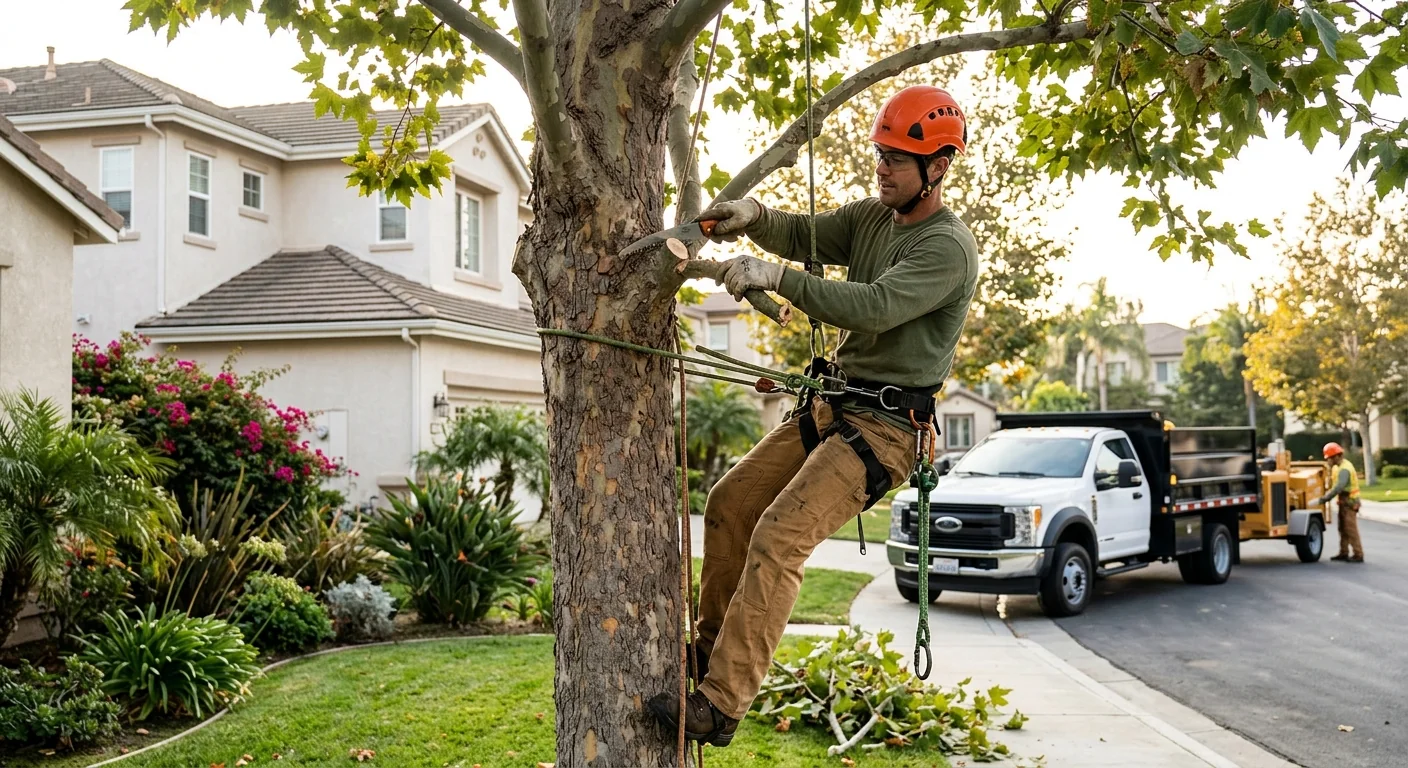 Arborist inspecting a thinning tree canopy for disease on a Torrance property