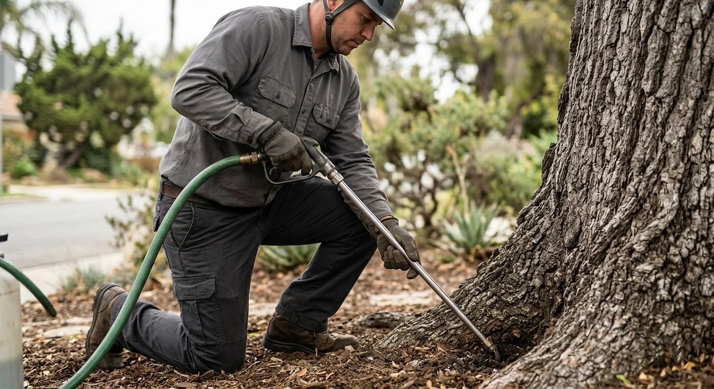Close-up of deep-root fertilization probe treating soil beside a mature oak